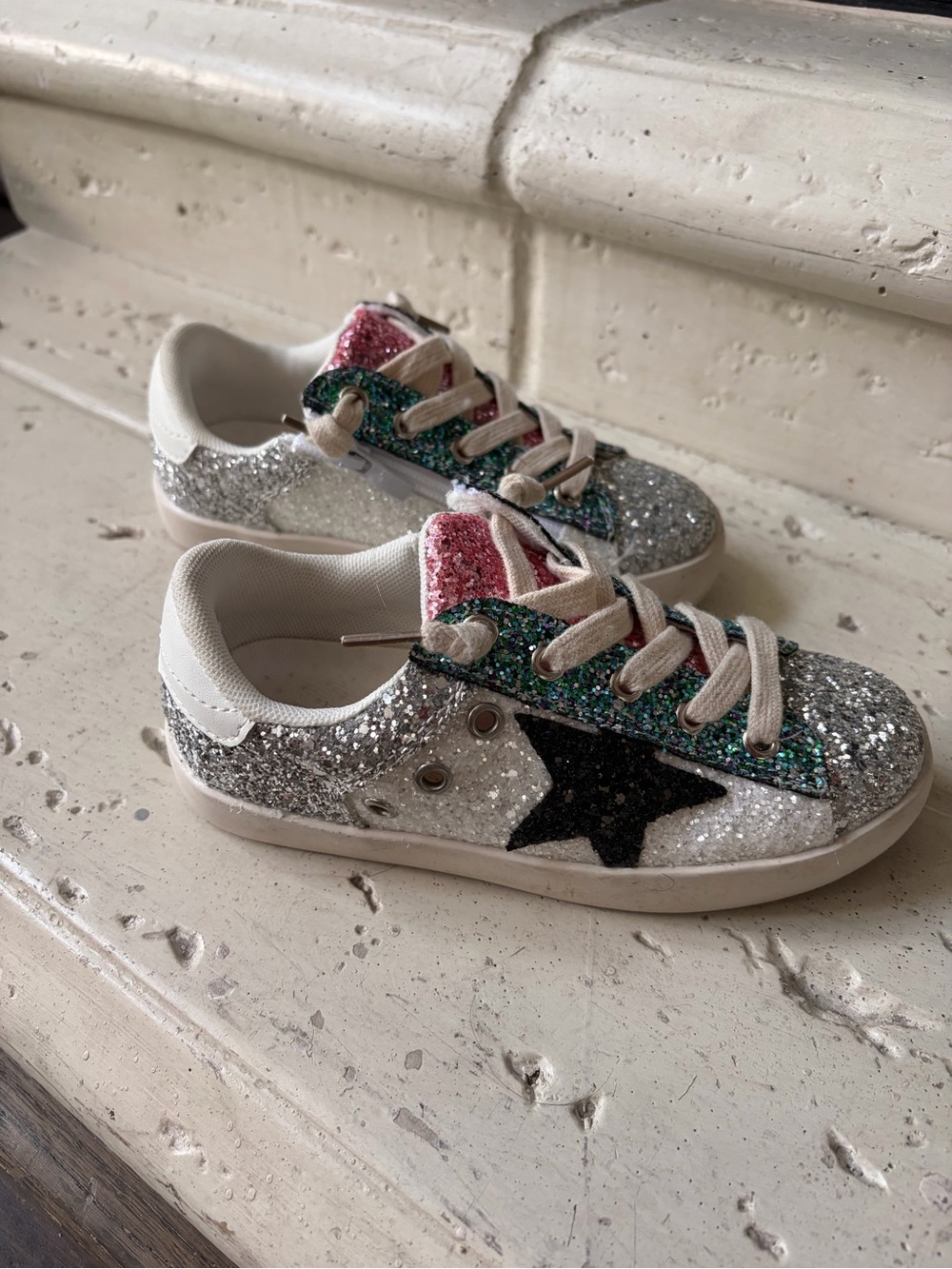 Girls Glitter Star Sneakers in Silver, Green & Pink w/ zippers worn once sz 13 - Picture 4 of 9